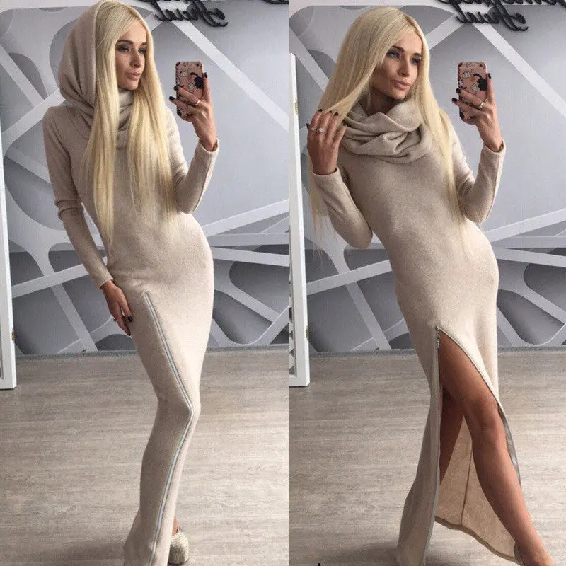 Women Bodycon Dress Maxi Long Dress Irregular Collar Hooded Vestidos Sexy Zipper Vintage Dress Gv353 1