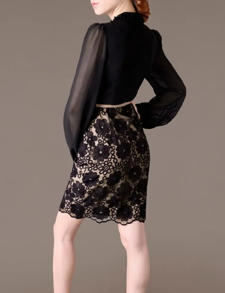 Women Bodycon Dress V-Neck Lantern Sleeve Sexy Chiffon Black Lace Lady Dress Elegant Package Hip Vestidos J2138 1