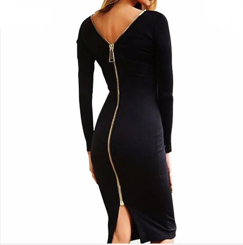 Women Bodycon Sexy Club Midi Dress Sheath O-Neck Long Sleeve Party Tight Back Zipper Dresses Vestidos M0005 1
