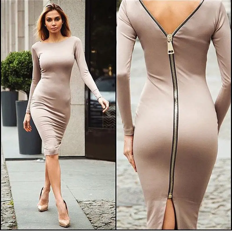 Women Bodycon Sexy Club Midi Dress Sheath O-Neck Long Sleeve Party Tight Back Zipper Dresses Vestidos M0005 10