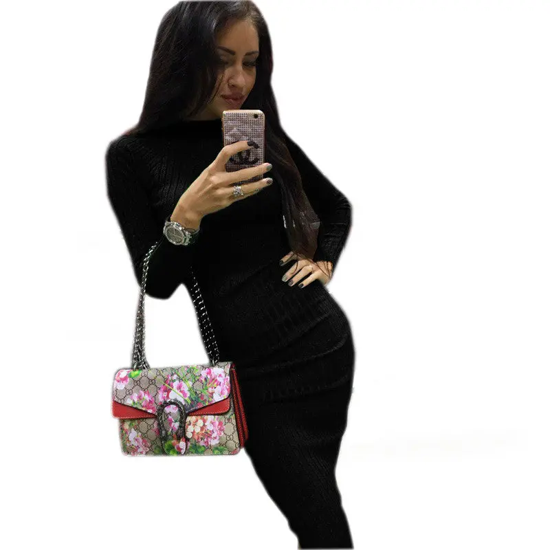 Women Bodycon Sheath Slim Dress Robe Sexy Black Midi Dress Long Sleeve Elegant Package Hip Dress Vestidos 1