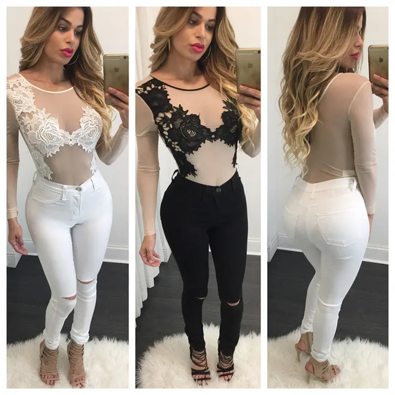 Women Bodysuit Sexy Lace Embroidery Mesh Body Top Long Sleeve Combinaison Femme Bodycon Jumpsuit Plus Size Slim Overalls 1