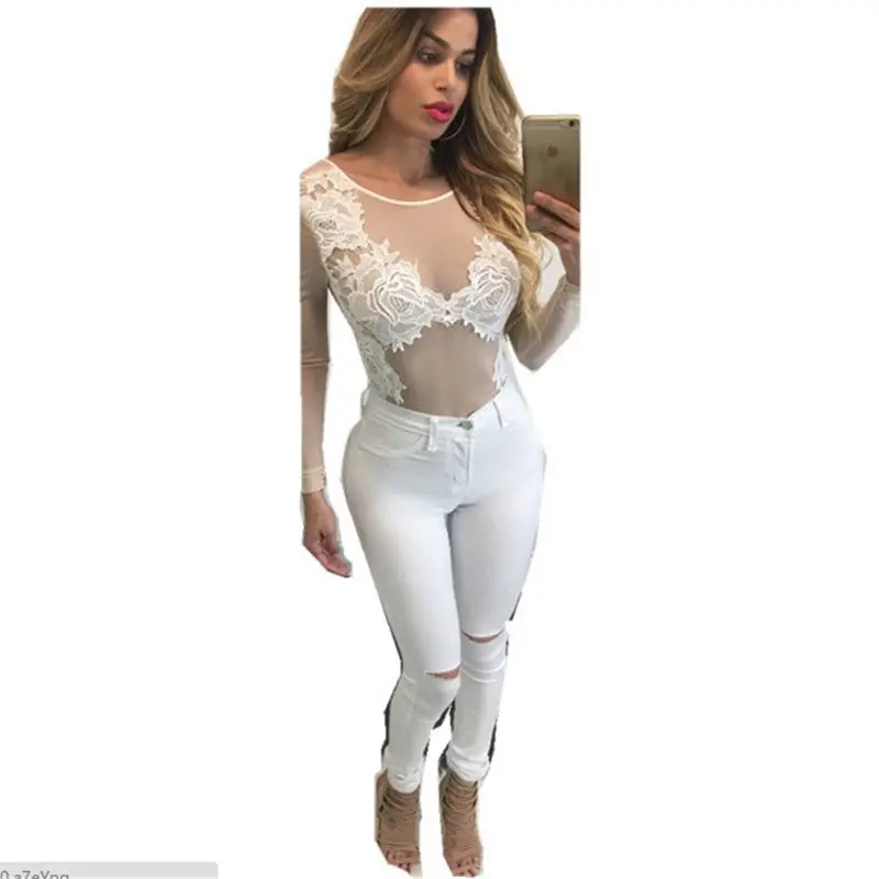 Women Bodysuit Sexy Lace Embroidery Mesh Body Top Long Sleeve Combinaison Femme Bodycon Jumpsuit Plus Size Slim Overalls 2