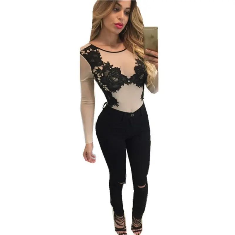 Women Bodysuit Sexy Lace Embroidery Mesh Body Top Long Sleeve Combinaison Femme Bodycon Jumpsuit Plus Size Slim Overalls 3