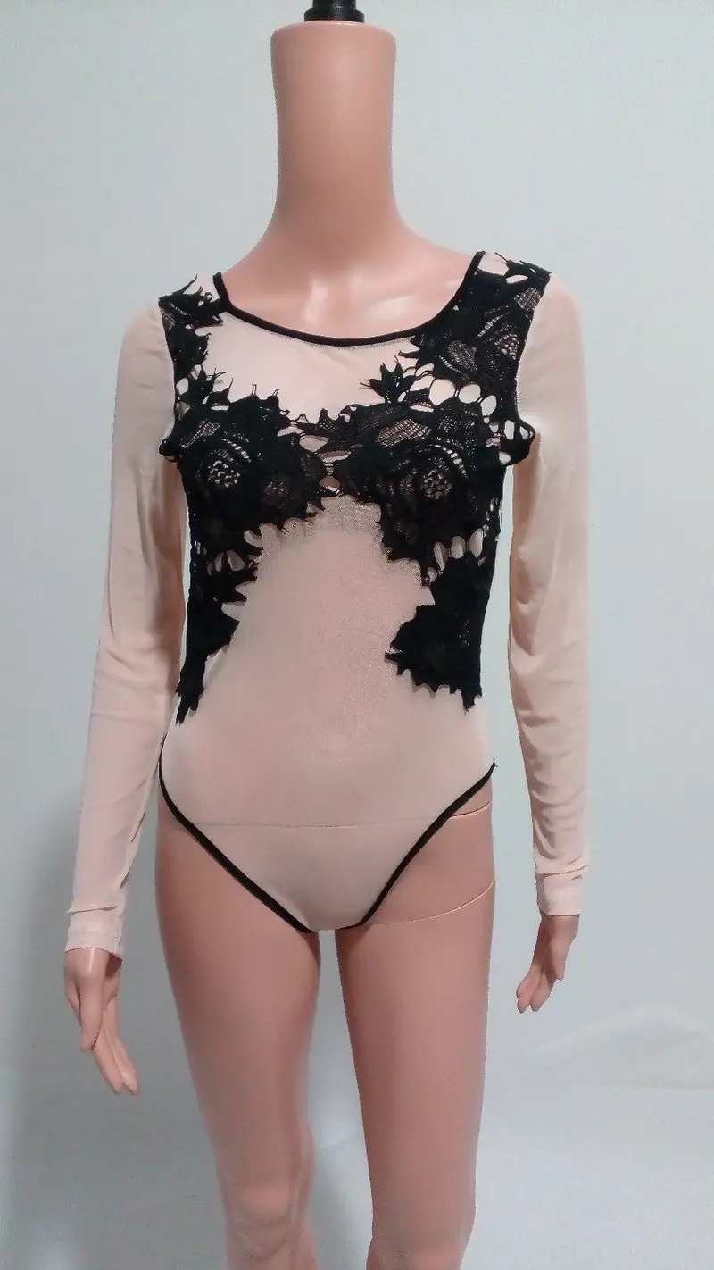 Women Bodysuit Sexy Lace Embroidery Mesh Body Top Long Sleeve Combinaison Femme Bodycon Jumpsuit Plus Size Slim Overalls 6