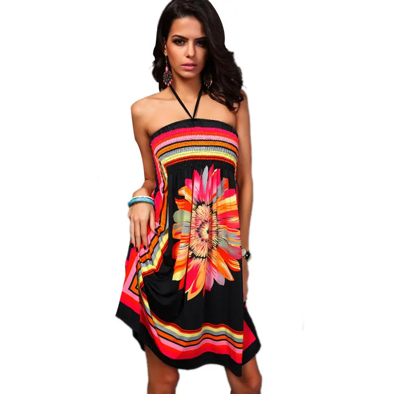 Women Bohemia Print Dress Style Sexy Condole Belt Mini Club Dress Beach Dresses 1