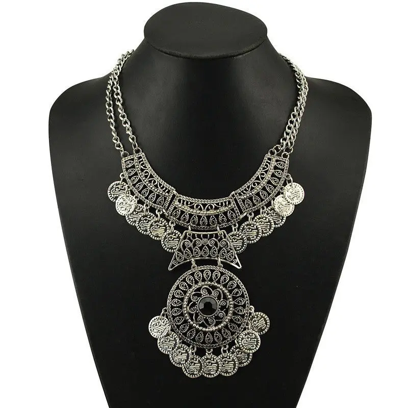 Women Bohemian Festival Jewelry Double Chain Coin Statement Necklace Feida 1