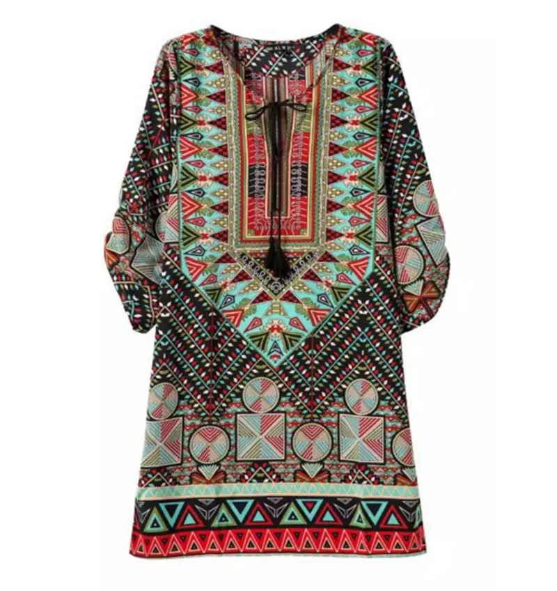 Women Boho Baroque Hippie Short Dress Ethnic Vintage Totem Colorful Geometric Print Contrast Tie Neck Shift Dress 1