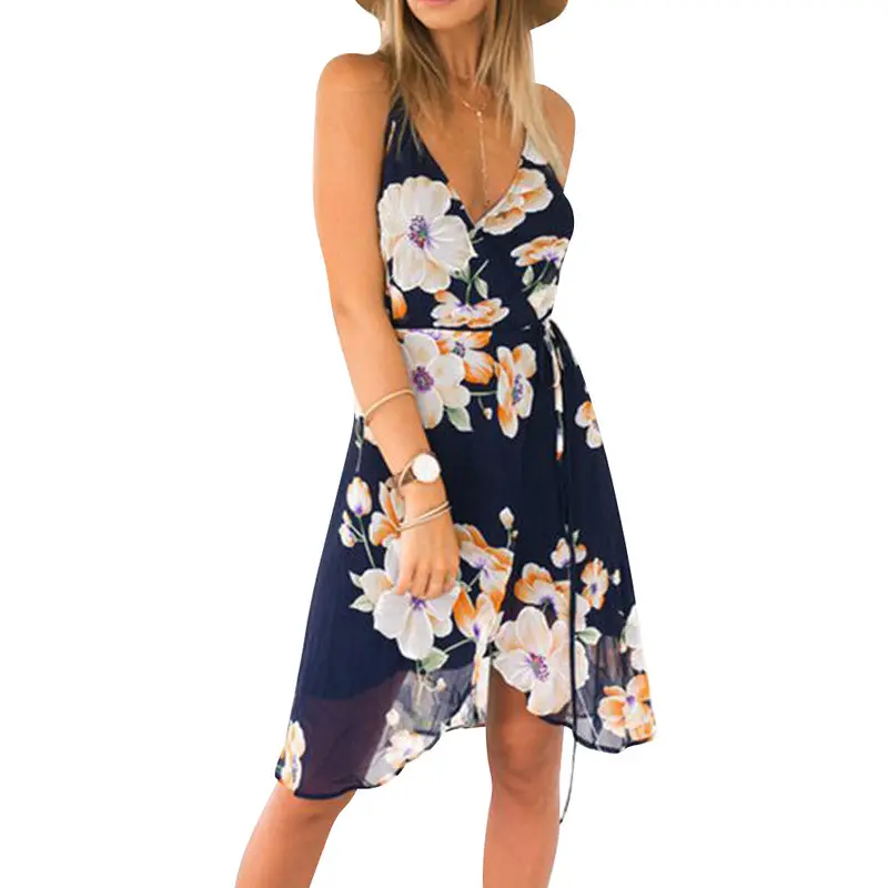 Women Boho Maxi Party Dress Backless Floral Print Sleeveless Vest Beach Dress Sundress Mini V Neck Chiffon Dress 1