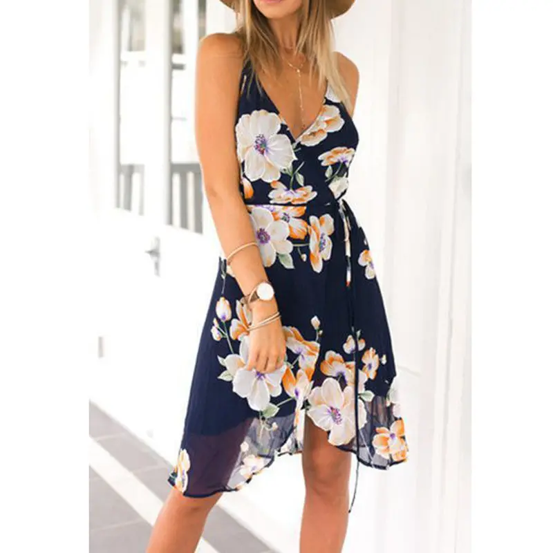 Women Boho Maxi Party Dress Backless Floral Print Sleeveless Vest Beach Dress Sundress Mini V Neck Chiffon Dress 2