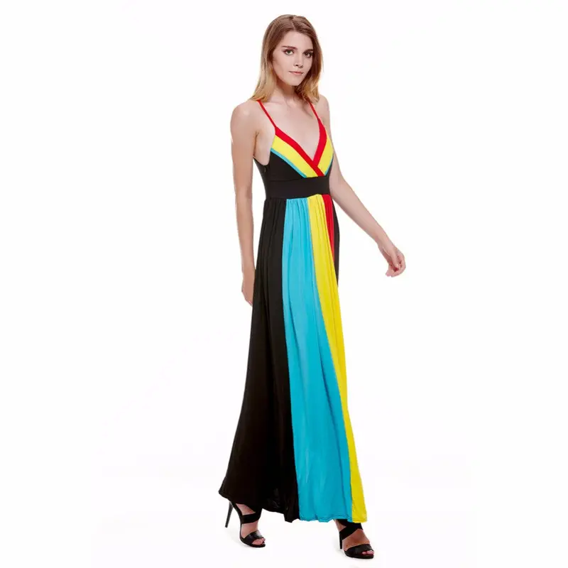 Women Boho Party Beach Dress Long Maxi Dress Sexy Strap Neck Women Maxi Multi Color Dress V Neck Striped Vestido Mujer 1