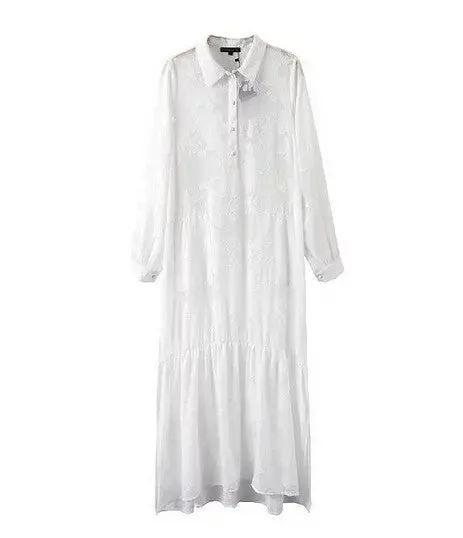 Women Boho Slit Side Lace White Chiffon Maxi Dress Lapel Long Sleeve Beach Long Dresses Blouse Shirt 1