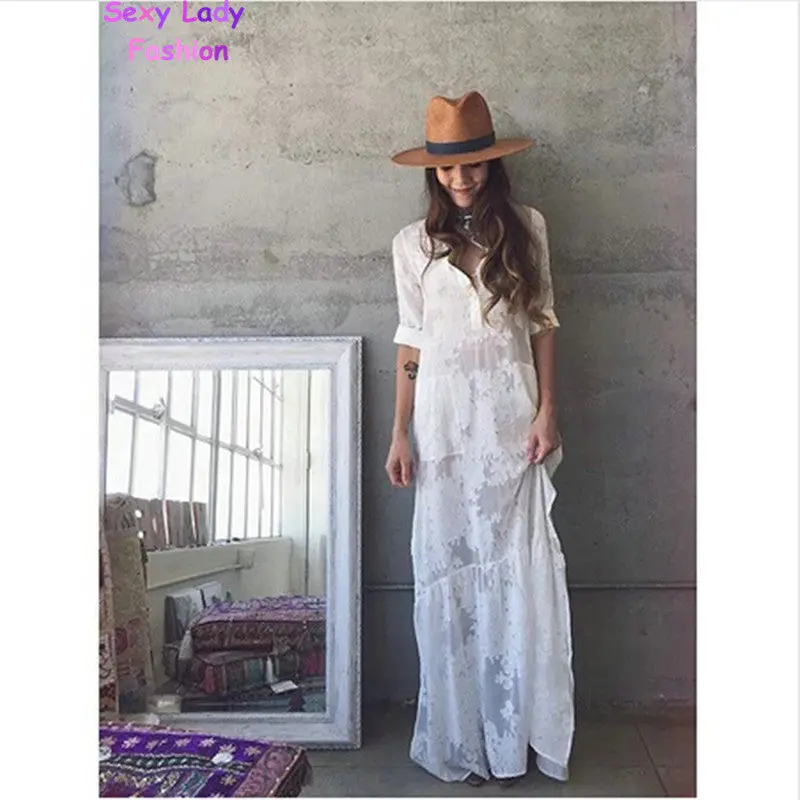 Women Boho Slit Side Lace White Chiffon Maxi Dress Lapel Long Sleeve Beach Long Dresses Blouse Shirt 2