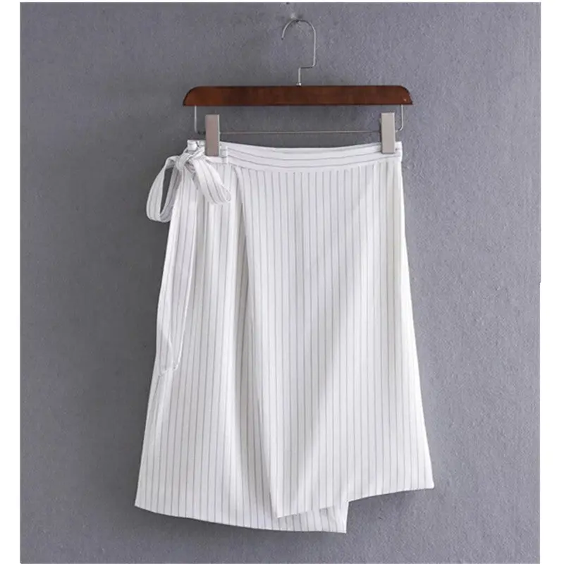 Women Bow Sashes Asymmetrical Striped Wrap Skirt Women High Waist Knee Length Irregular Skirt Femme S M L 2