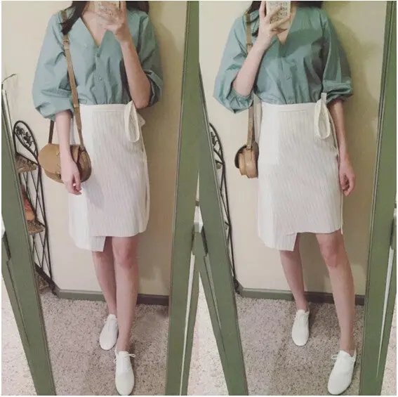 Women Bow Sashes Asymmetrical Striped Wrap Skirt Women High Waist Knee Length Irregular Skirt Femme S M L 3