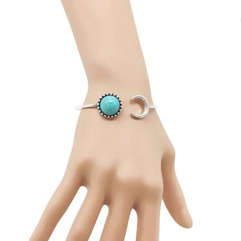 Women Bracelet Bohemian Silver Alloy Moon Shape Turquoise Ethnic Boho Gypsy Cuff Bangles Jewelry Gift For Girl 2