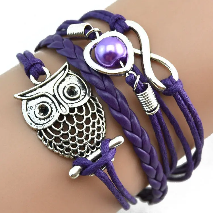 Women Bracelet Lovely Infinity Owl Pearl Friendship Multilayer Charm Pu Leather Bracelets Gift 2