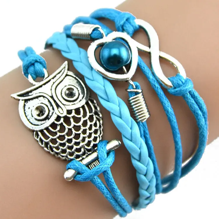 Women Bracelet Lovely Infinity Owl Pearl Friendship Multilayer Charm Pu Leather Bracelets Gift 3