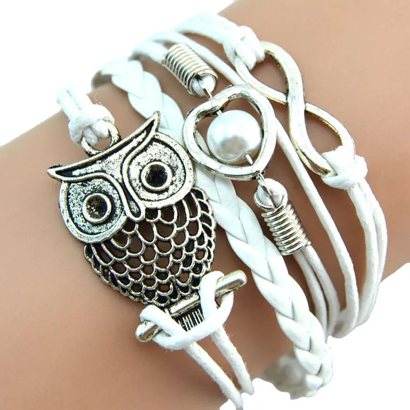 Women Bracelet Lovely Infinity Owl Pearl Friendship Multilayer Charm Pu Leather Bracelets Gift 4