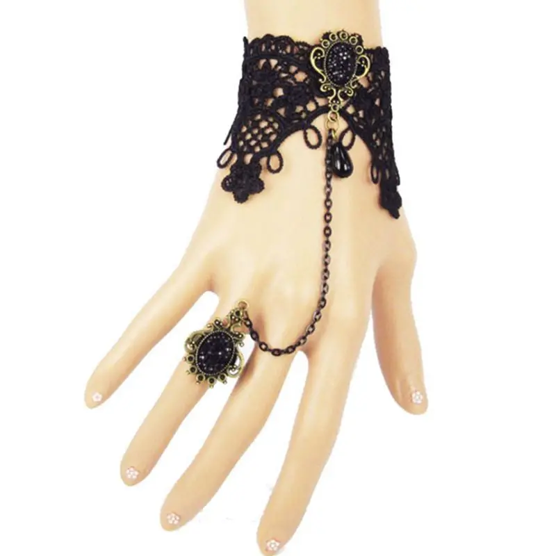 Women Bracelet Retro Vintage Vampire Lady Girls Lace Chain Wristband Bracelets With Finger Gift 2