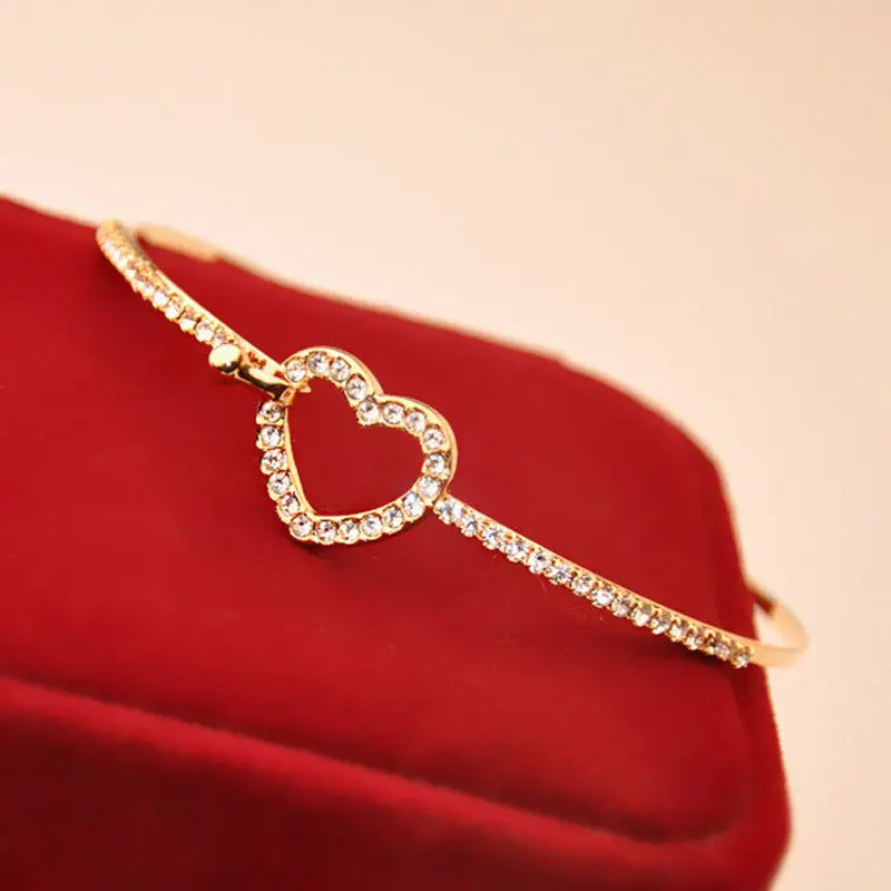 Women Bracelet Style Gold Rhinestone Love Heart Bangle Cuff Bracelets Jewelry Gift For Girl 2