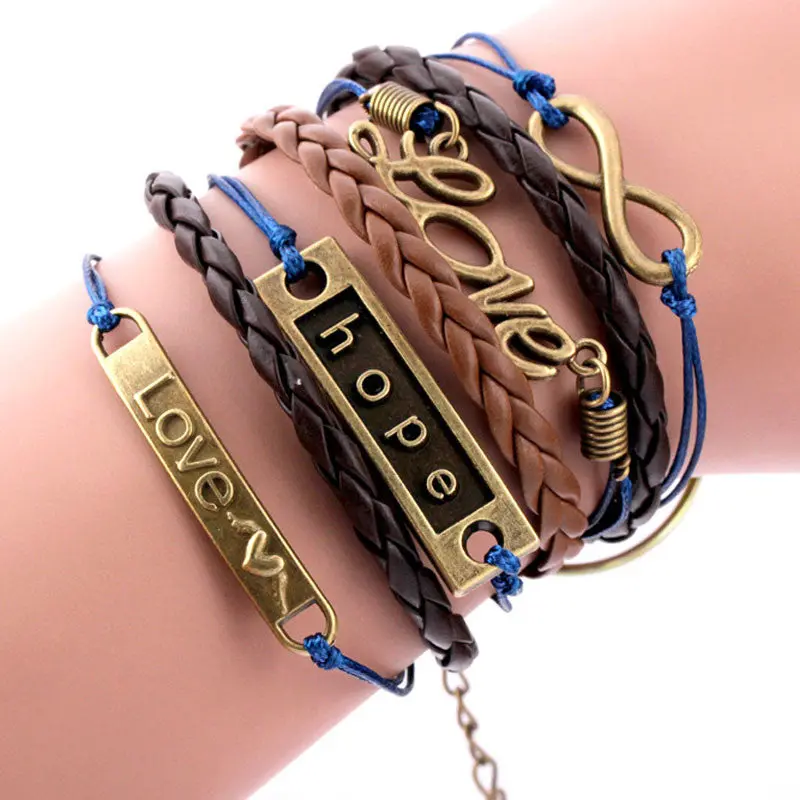 Women Bracelets Girl Bone Multilayer Knit Leather Rope Chain Charm Bracelet Gift Jewelry 1