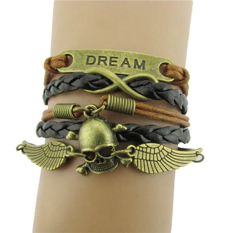 Women Bracelets Jewelry Diy Woven Leather Bracelet Promotion Gifts Angel Wings Skull Leather Bracelet Bangle Chain 1