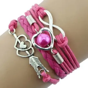 Women Bracelets Jewelry Infinity Love Heart Pearl Friendship Antique Leather Bracelet 8 Candy Colors For Your Angle 5