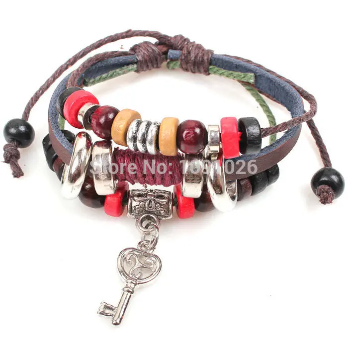 Women Bracelets Key Braided Wooden Bead Wrist Bracelet Leather Jewelry 1