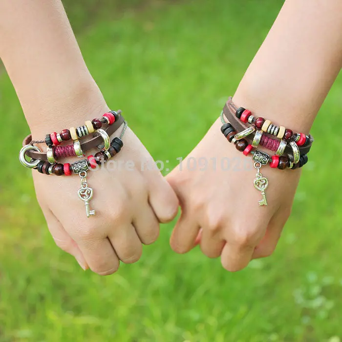 Women Bracelets Key Braided Wooden Bead Wrist Bracelet Leather Jewelry 2