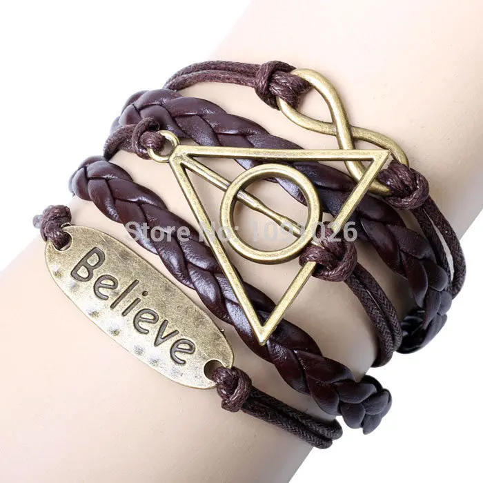 Women Bracelets Triangle Round Believe Braided Wrist Bracelet Leather Jewelry 1