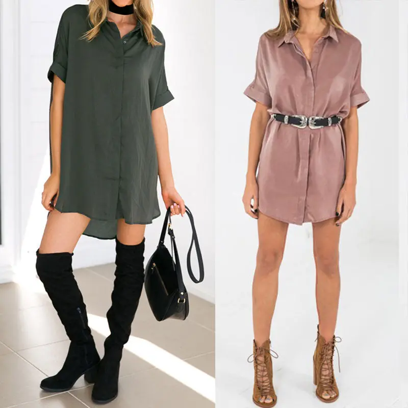 Women Brief Loose Vestidos Short Sleeve Dress Office Side Split Satin Dress Shirt Vestido De Festa Women Dress 4