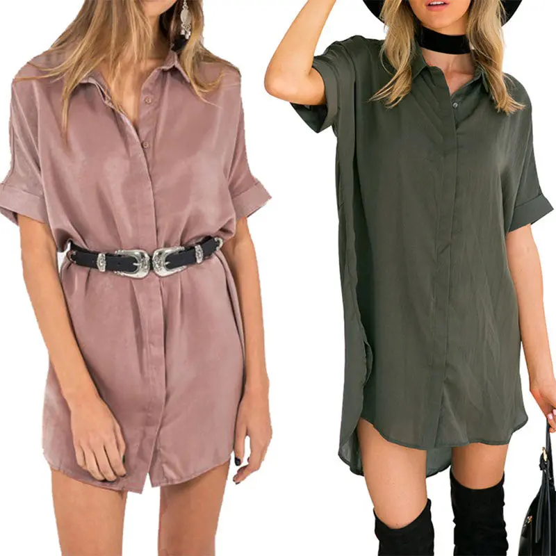 Women Brief Loose Vestidos Short Sleeve Dress Office Side Split Satin Dress Shirt Vestido De Festa Women Dress 5