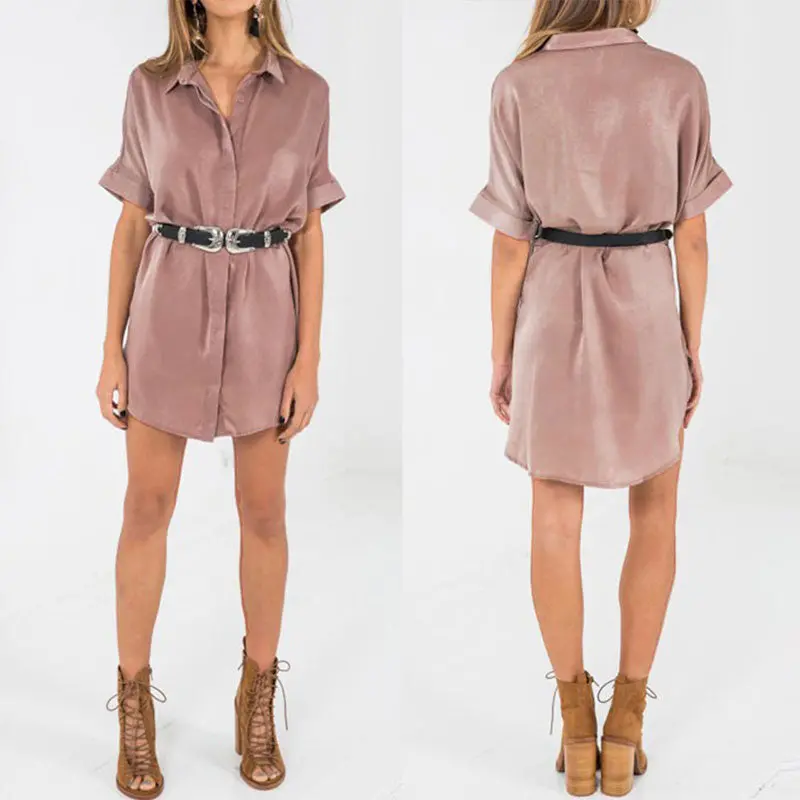 Women Brief Loose Vestidos Short Sleeve Dress Office Side Split Satin Dress Shirt Vestido De Festa Women Dress 6