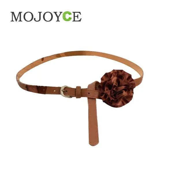 Women Brown Faux Leather Slender Buckle Belt Waistband With Satin Flower 1