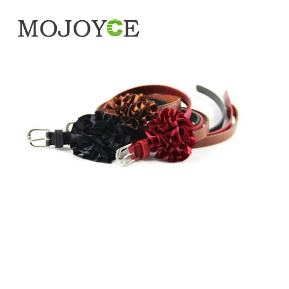 Women Brown Faux Leather Slender Buckle Belt Waistband With Satin Flower 2
