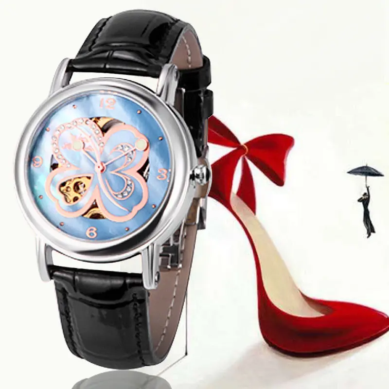 Women Business Leather Band Skeleton Mechanical Watch Relogio Feminino Feida 1