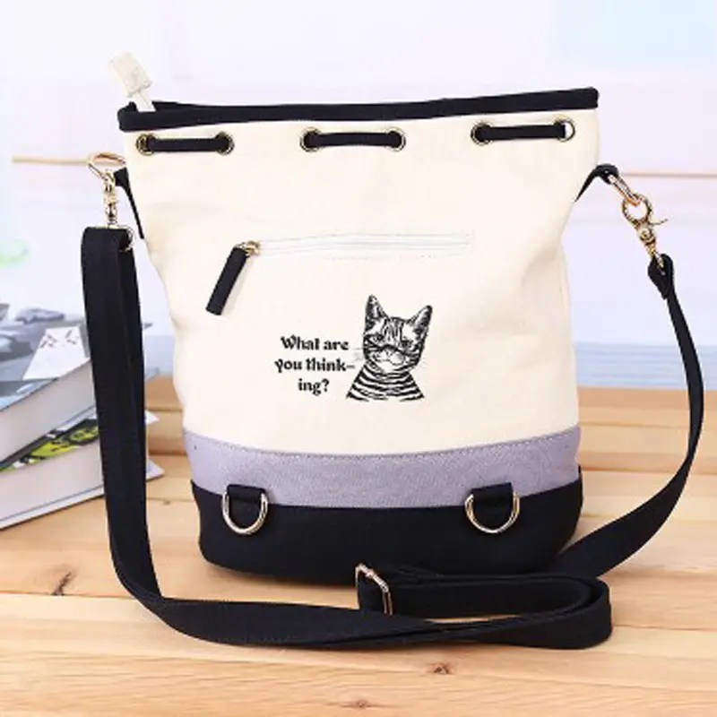 Women Canvas Bucket Bag Backpacks For Teenage Girls Canvas Shoulder Cat Print Backpack 2