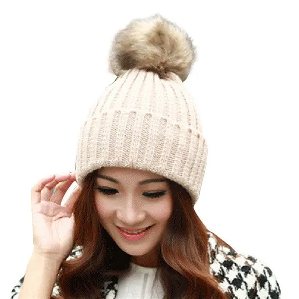 Women Cap Knitted Wool Casual Hip-Hop Hats Skullies Beanies Crochet Hat Rabbit Fur Pompons Ear Protect Casual Caps 1