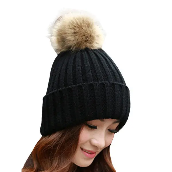 Women Cap Knitted Wool Casual Hip-Hop Hats Skullies Beanies Crochet Hat Rabbit Fur Pompons Ear Protect Casual Caps 2