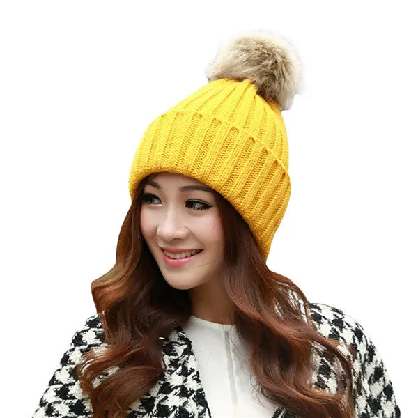 Women Cap Knitted Wool Casual Hip-Hop Hats Skullies Beanies Crochet Hat Rabbit Fur Pompons Ear Protect Casual Caps 7