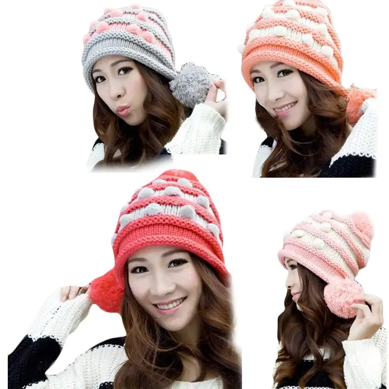 Women Cap Knitting Beanie Cap Warm Hemp Flowers Hat 1