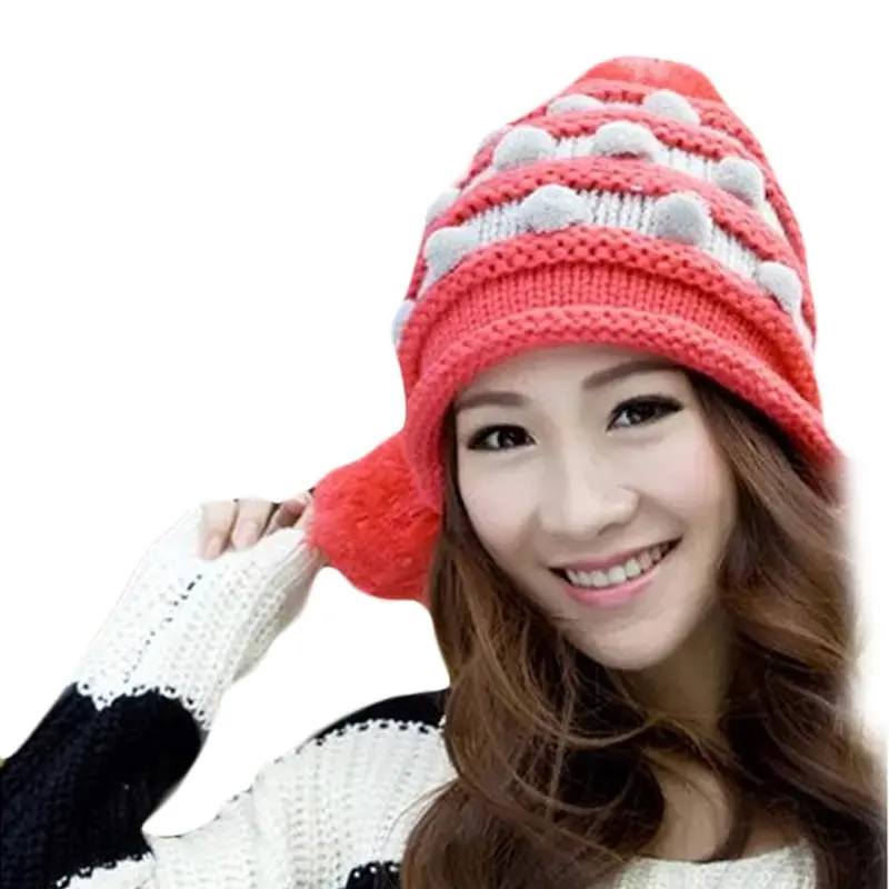 Women Cap Knitting Beanie Cap Warm Hemp Flowers Hat 2