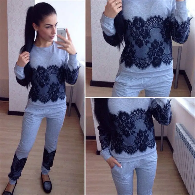 Women Casual 2 Pieces Tracksuit Slim Sexy Long Sleeve Hoodies Trousers Lace Joging Sets Solid Tops+Pants X0263 1