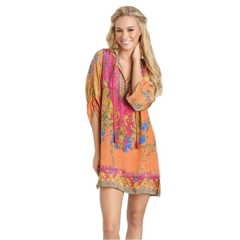 Women Casual 3/4 Sleeves National Wind Pattern Vintage Print Loose Dress 1