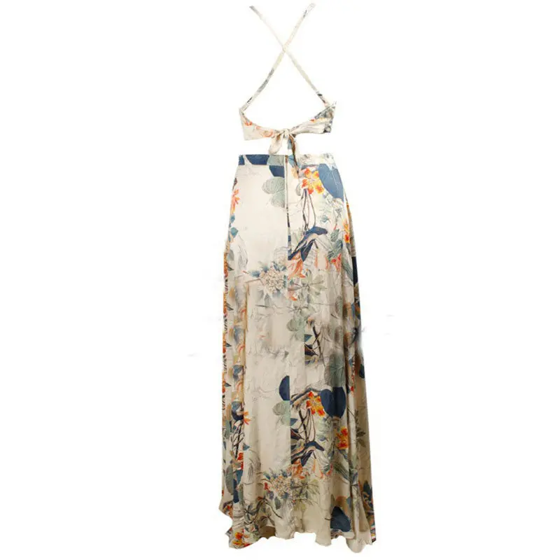 Women Casual Bohemian Floral Sleeveless Vest Printed Beach Dress Boho Halterneck Long Maxi Party Dress Vestidos 2