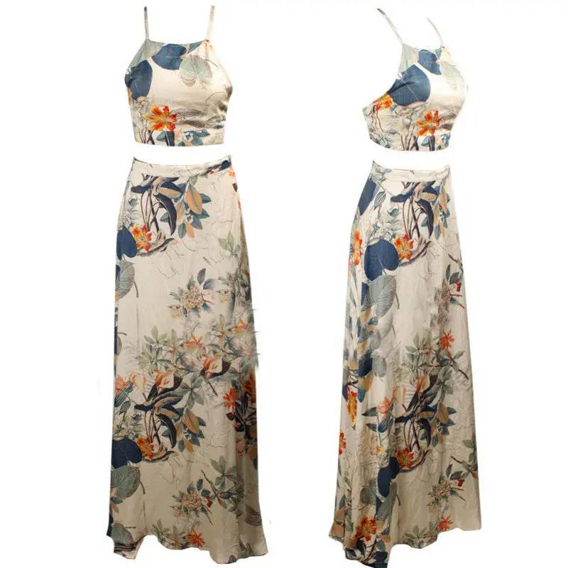 Women Casual Bohemian Floral Sleeveless Vest Printed Beach Dress Boho Halterneck Long Maxi Party Dress Vestidos 3