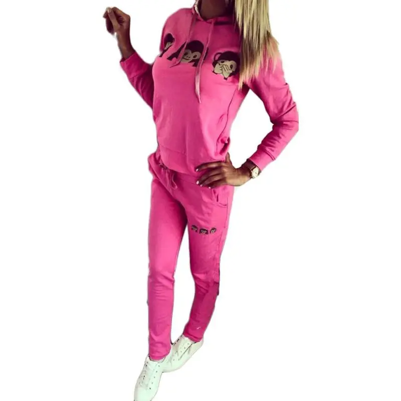 Women Casual Cartoon Monkey Hooded Long Sleeve Two Lovely Colors Tracksuit Sweatshirt Suit Plus Size S-Xl Set 1