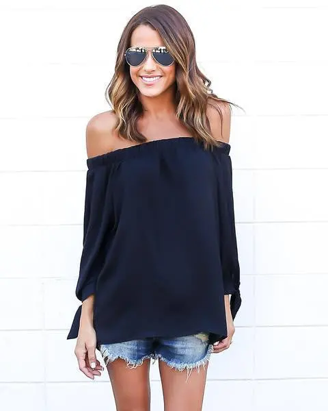 Women Casual Chiffon Blouses Sexy Top Off Shoulder Mujer Tops Long Sleeve Slash Neck Solid Femme Blusas Shirt M0401 1