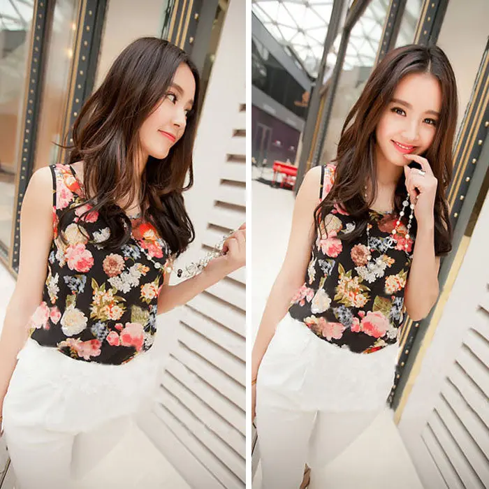 Women Casual Chiffon Elegant Sleeveless Flower Shirt Blouse S Vest Tank Tops 1
